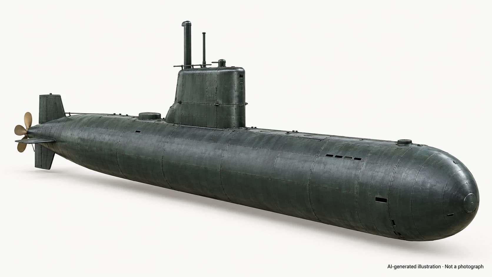 AI-generated illustration · Not a photograph — Representative exterior of Yono-class submarine