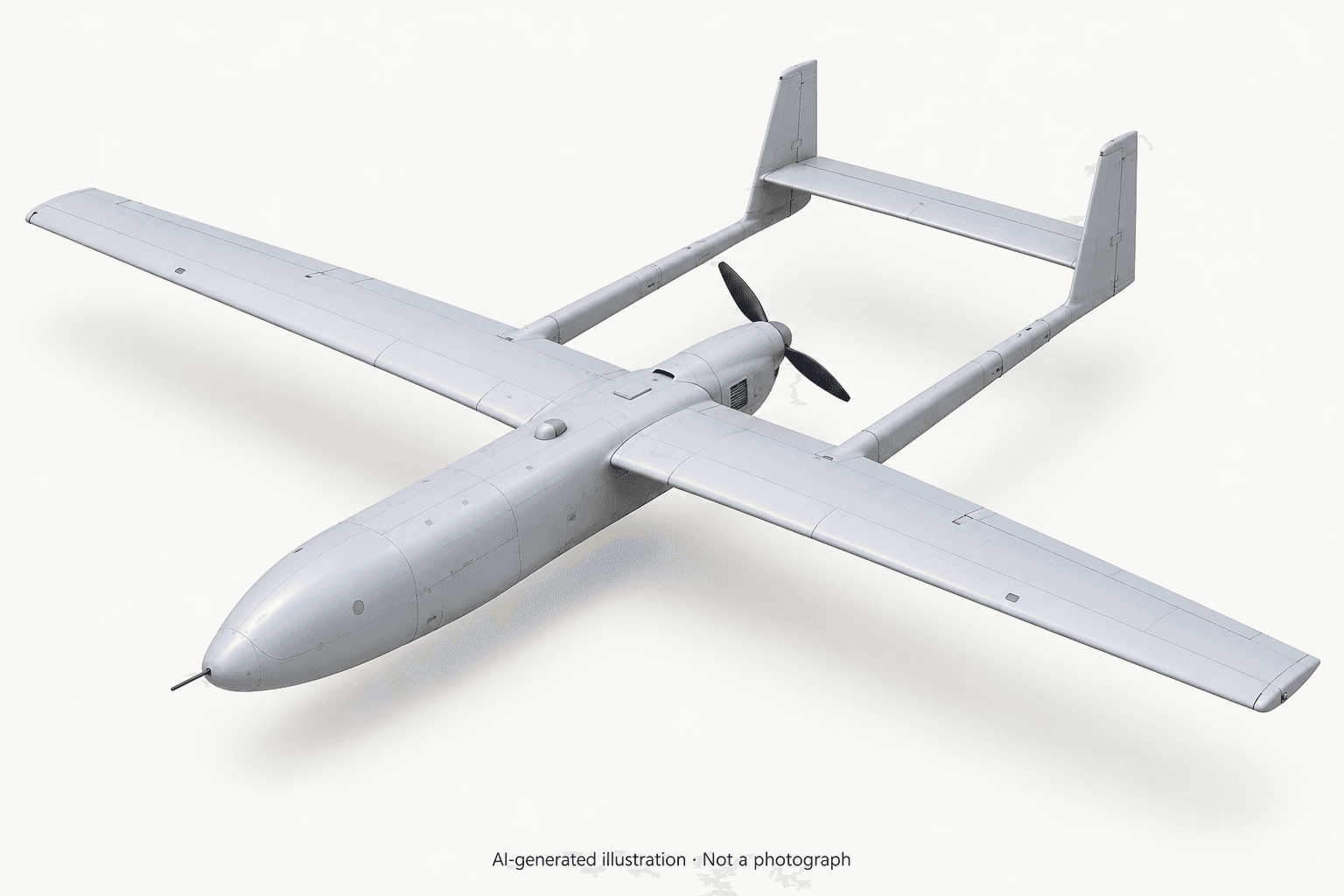 AI-generated illustration · Not a photograph — Aisheng ASN-209 representative twin-boom UAV illustration