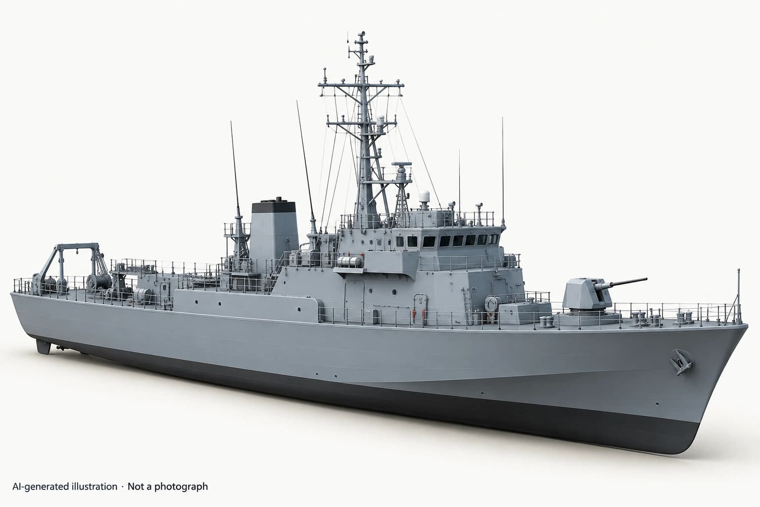AI-generated illustration · Not a photograph — Representative exterior of Awaji-class minesweeper