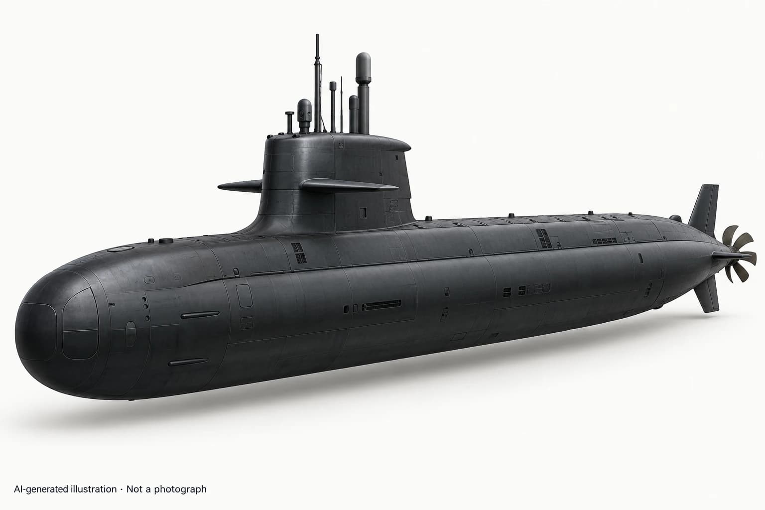 AI-generated illustration · Not a photograph — Representative exterior of Blekinge-class submarine