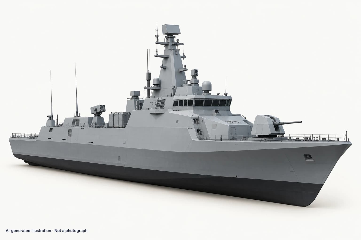 AI-generated illustration · Not a photograph — Representative exterior of Falaj 3-class patrol boat