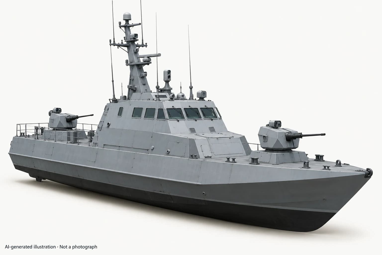 AI-generated illustration · Not a photograph — Representative exterior of Gyurza-M-class gunboat