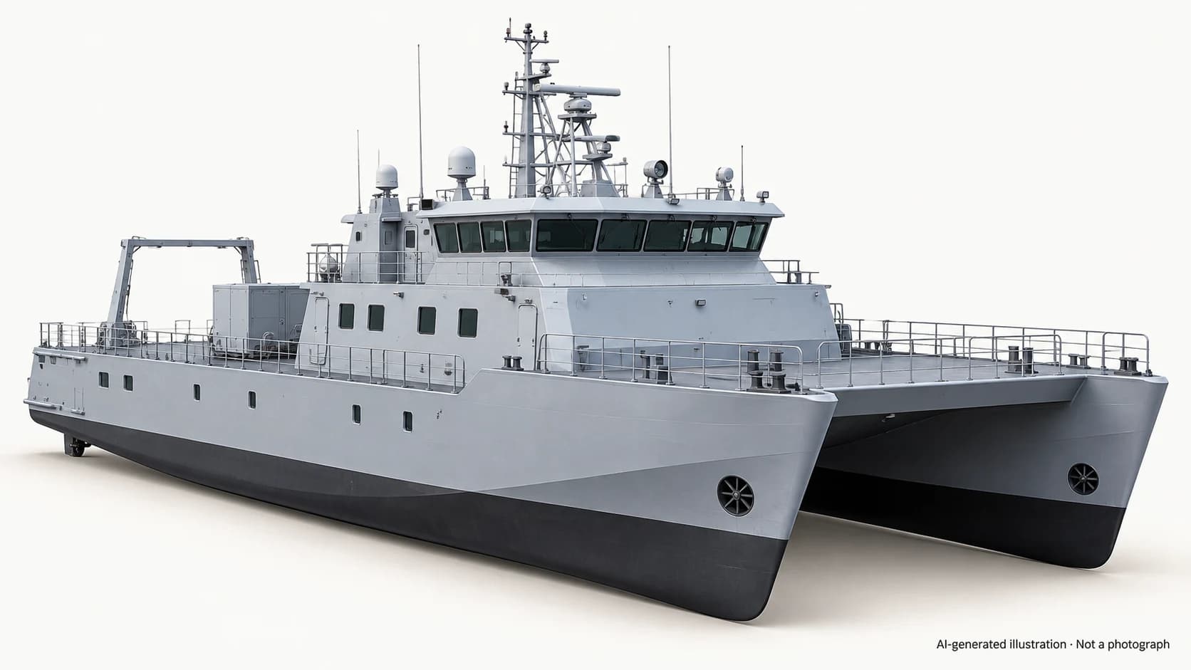 AI-generated illustration · Not a photograph — Representative exterior of Makar-class catamaran