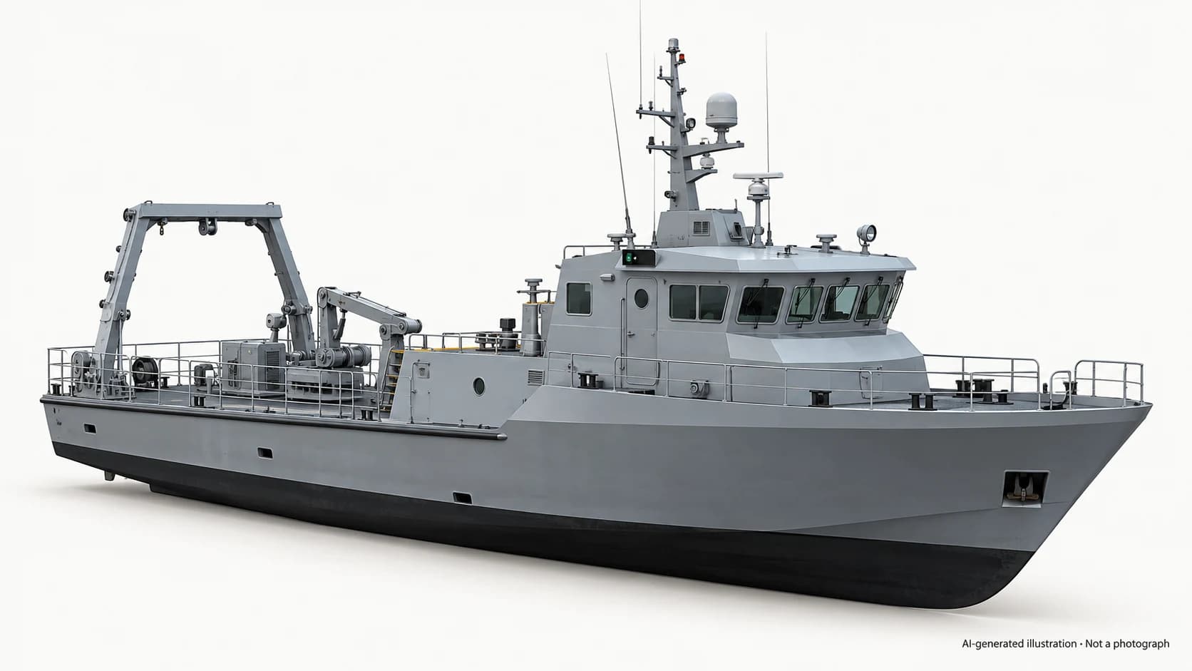 AI-generated illustration · Not a photograph — Representative exterior of Marino-class diving support vessel