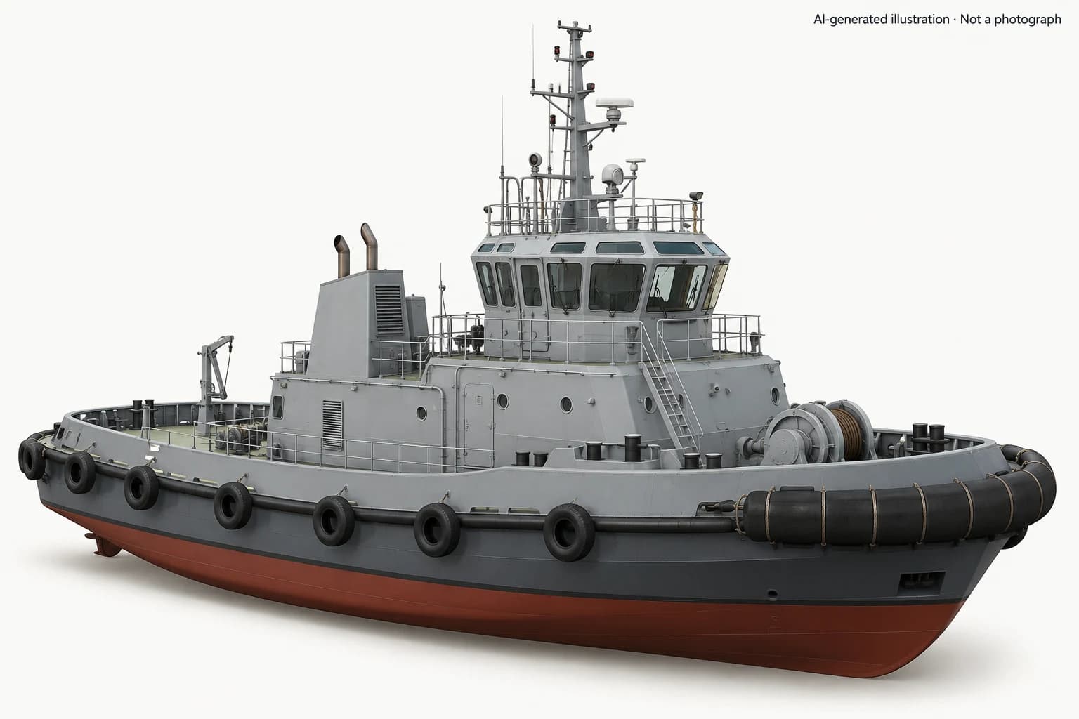 AI-generated illustration · Not a photograph — Representative exterior of Nakul-class tugboat