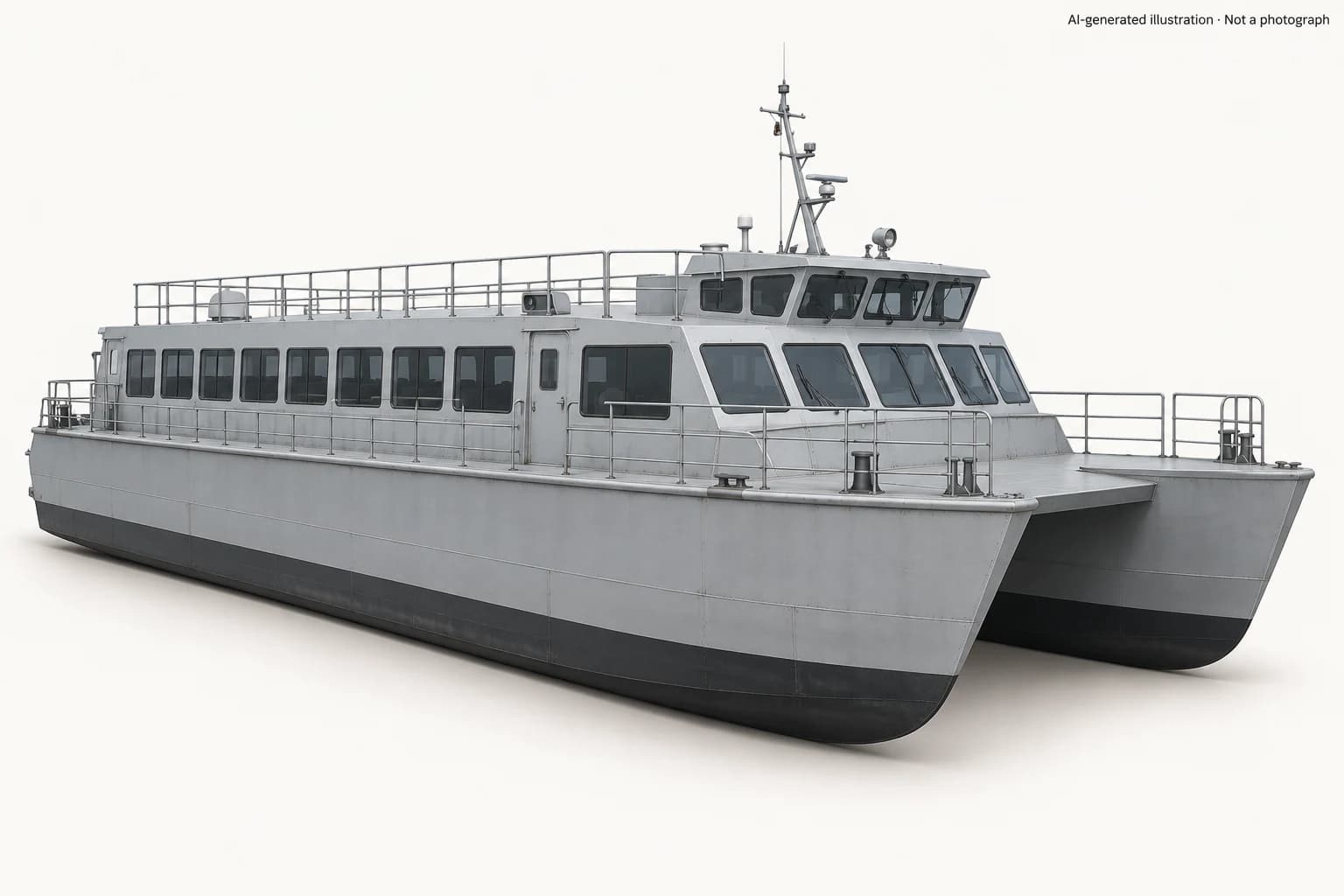 AI-generated illustration · Not a photograph — Representative exterior of Shalimar-class ferry (50 men)