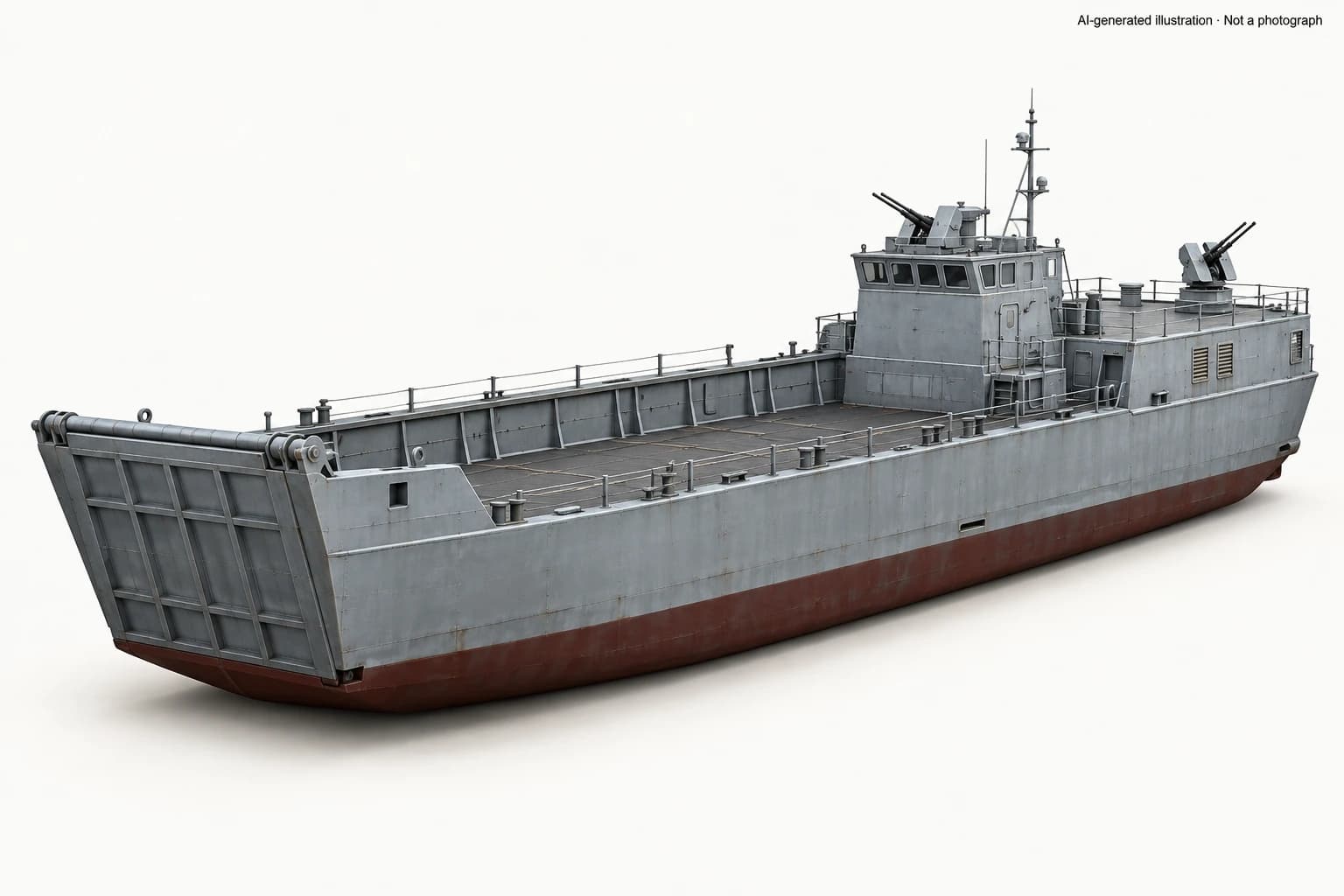 AI-generated illustration · Not a photograph — Representative exterior of Yuch'in-class landing craft
