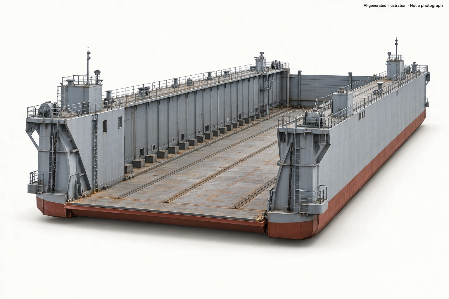 AI-generated illustration · Not a photograph — Representative exterior of 120 ton-class repair dry dock