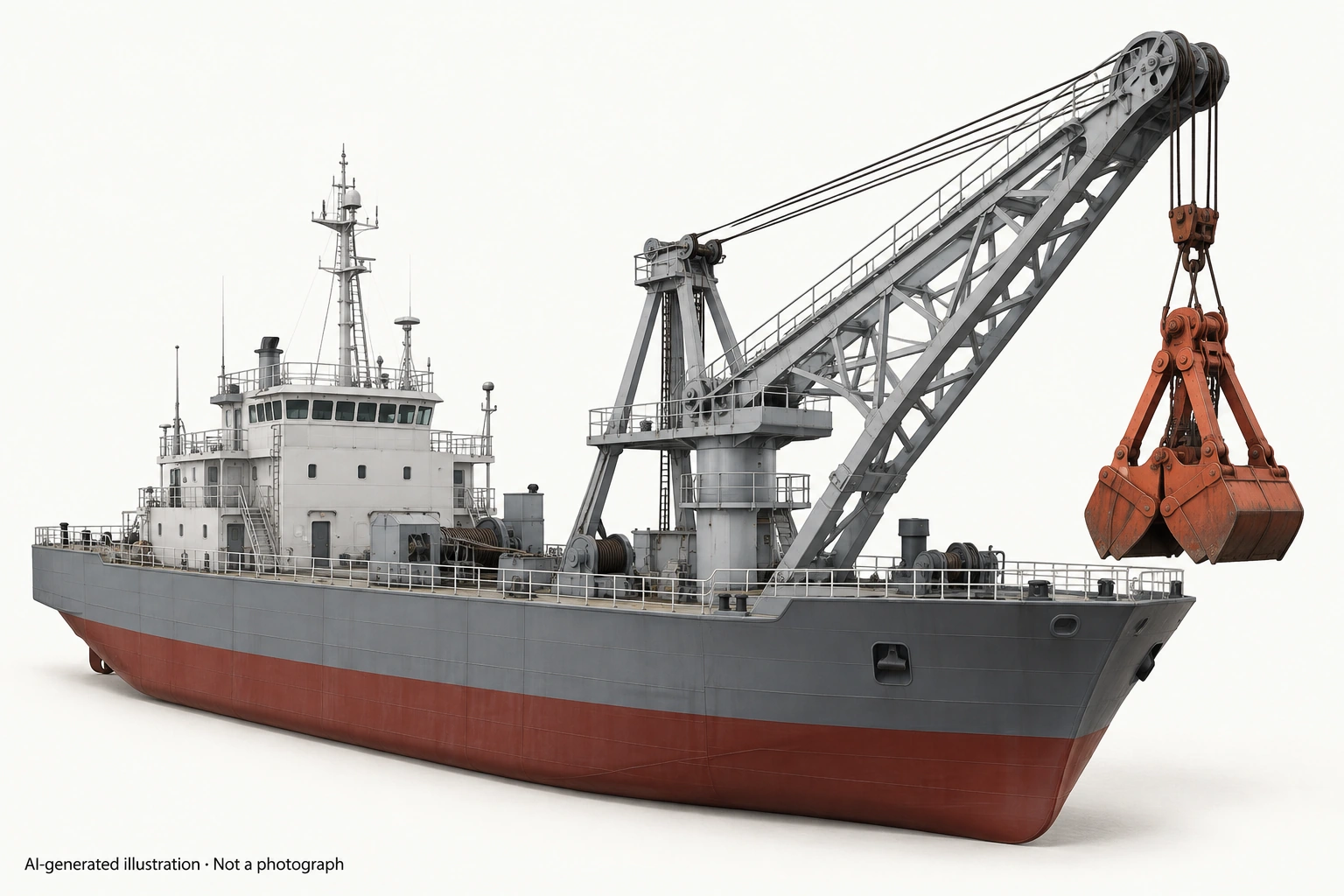 AI-generated illustration · Not a photograph — Representative exterior of 8 cubic meter-class dredger