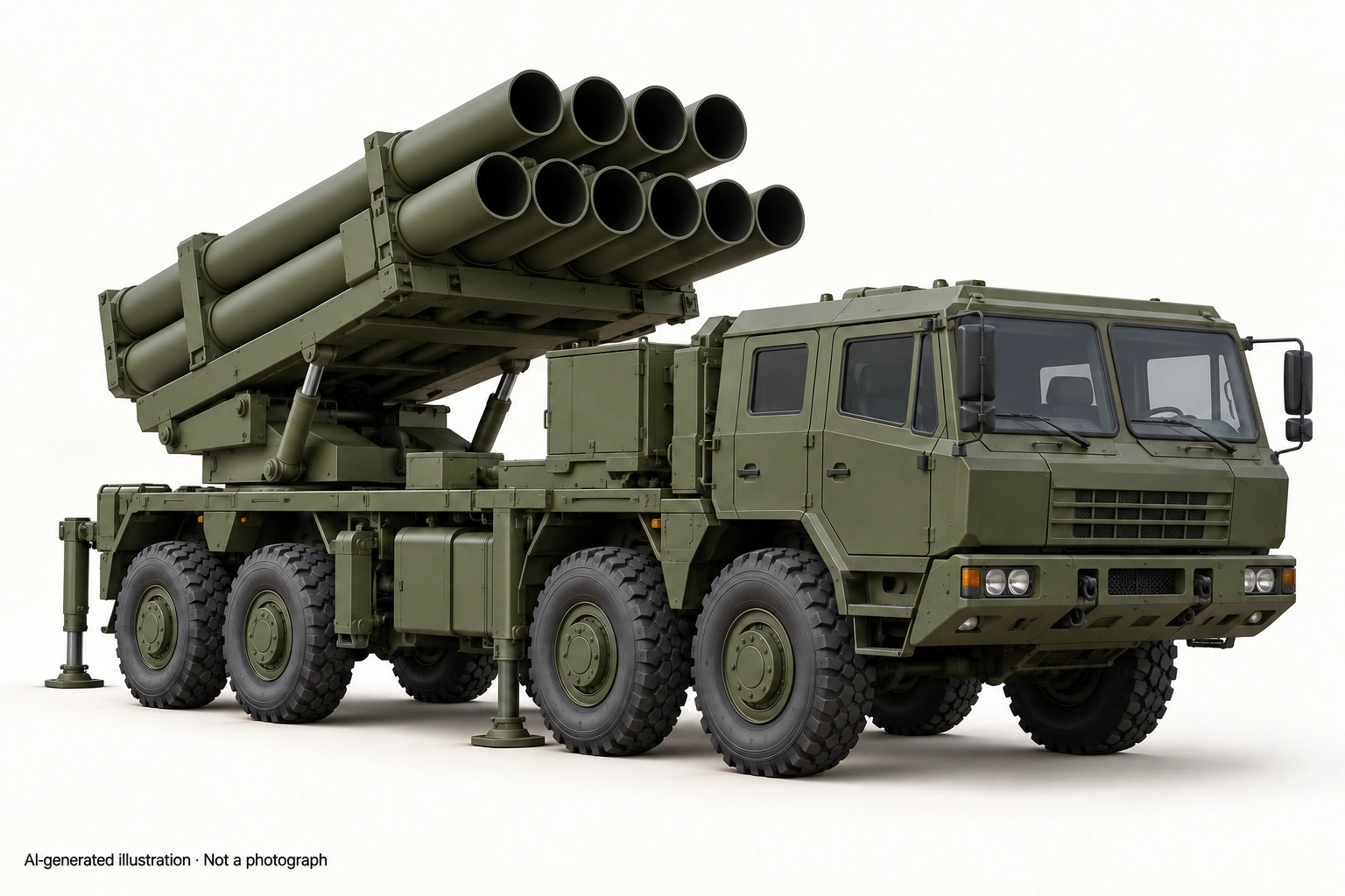 AI-generated illustration · Not a photograph — Representative exterior of A-100 (multiple rocket launcher)