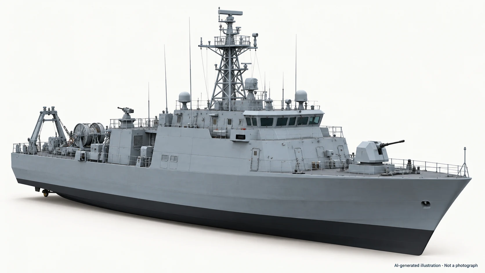 AI-generated illustration · Not a photograph — Representative exterior of A-class minehunter