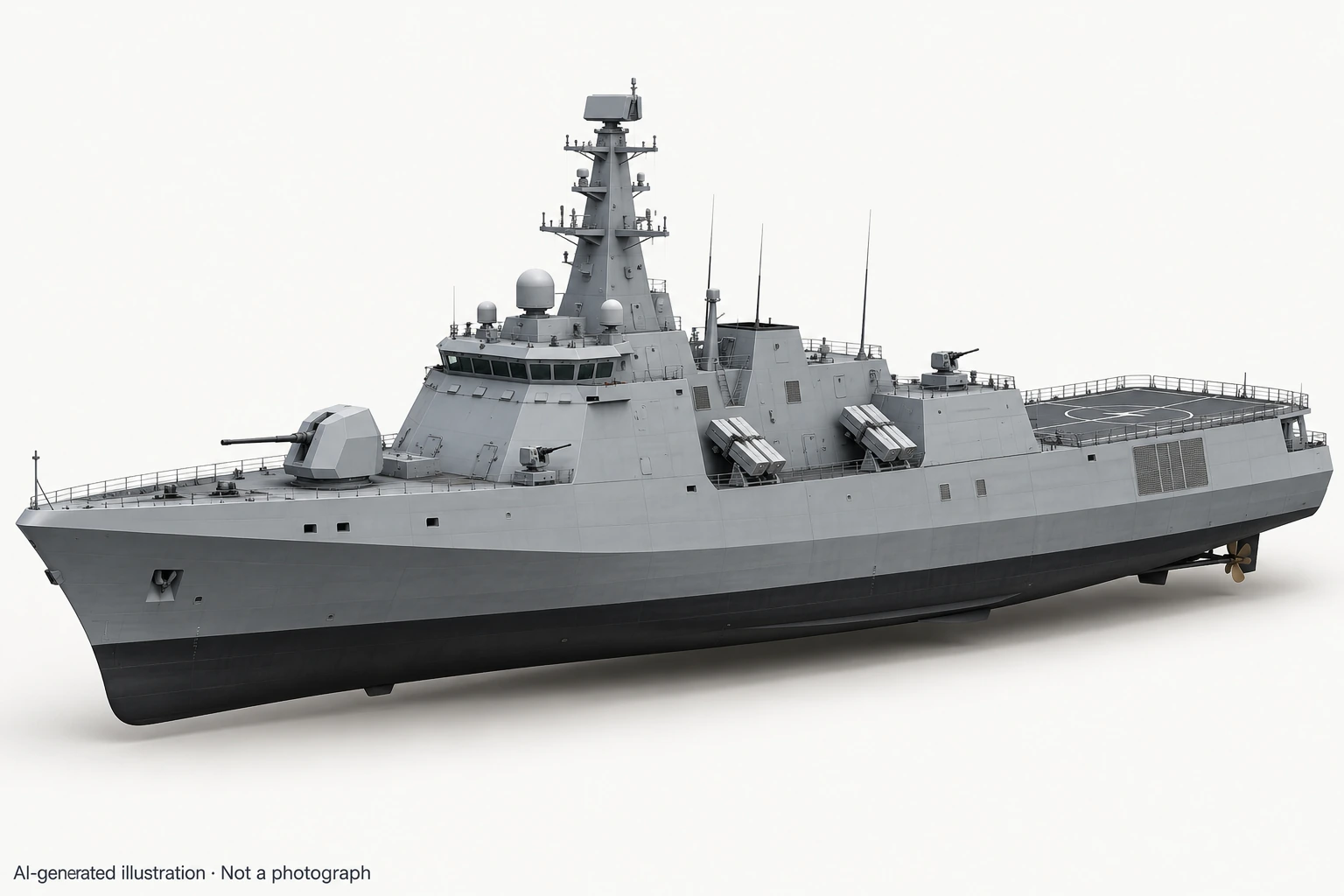 AI-generated illustration · Not a photograph — Representative exterior of Abu Dhabi-class corvette