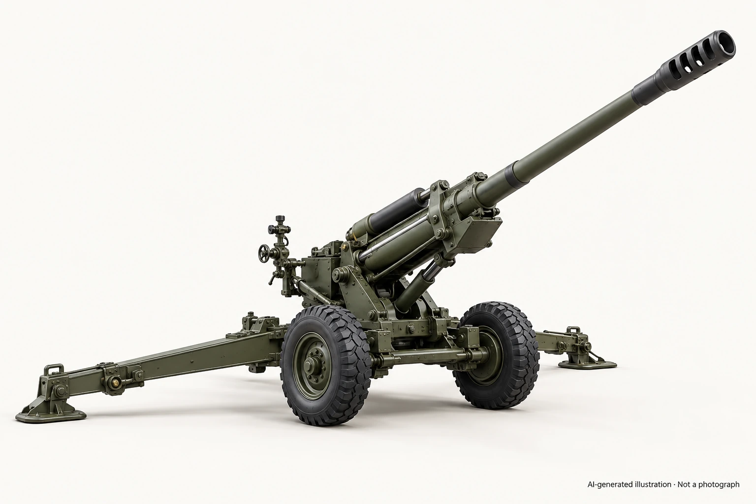 AI-generated illustration · Not a photograph — Representative exterior of AH4 howitzer