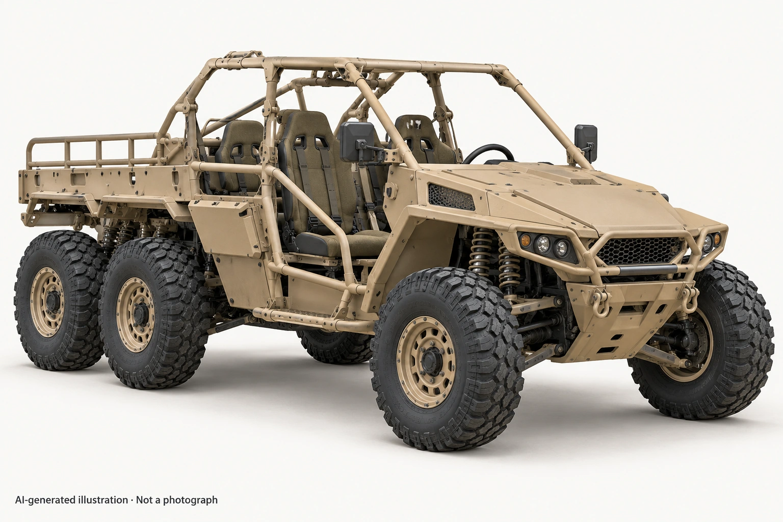 AI-generated illustration · Not a photograph — Representative exterior of AIL Desert Raider