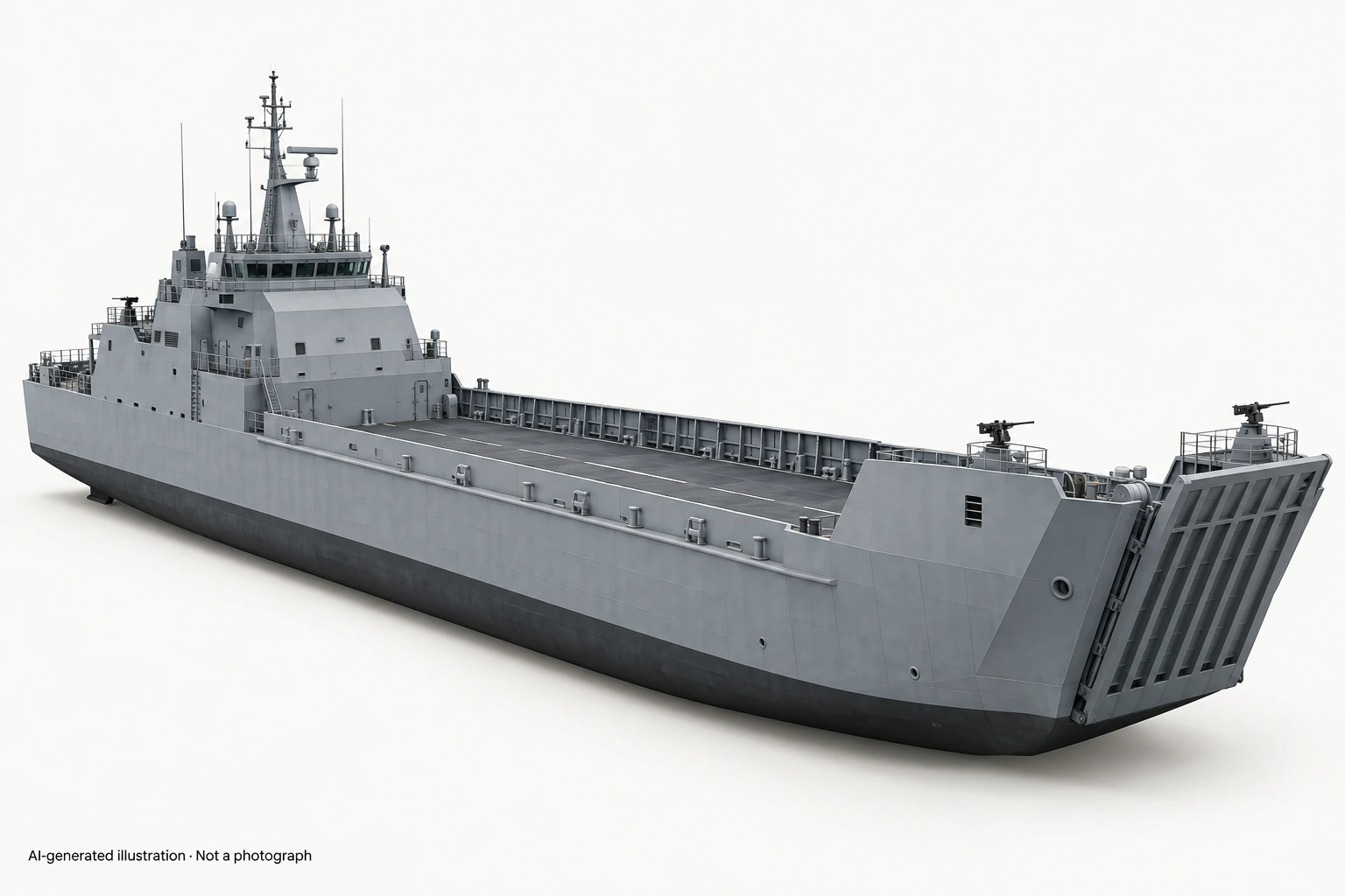 AI-generated illustration · Not a photograph — Representative exterior of Al-Quwaisat-class landing ship