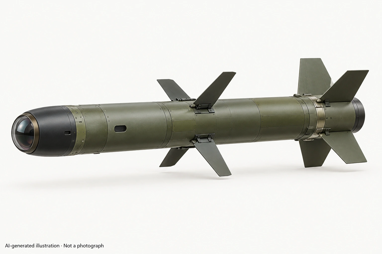 AI-generated illustration · Not a photograph — Representative exterior of Amogha missile