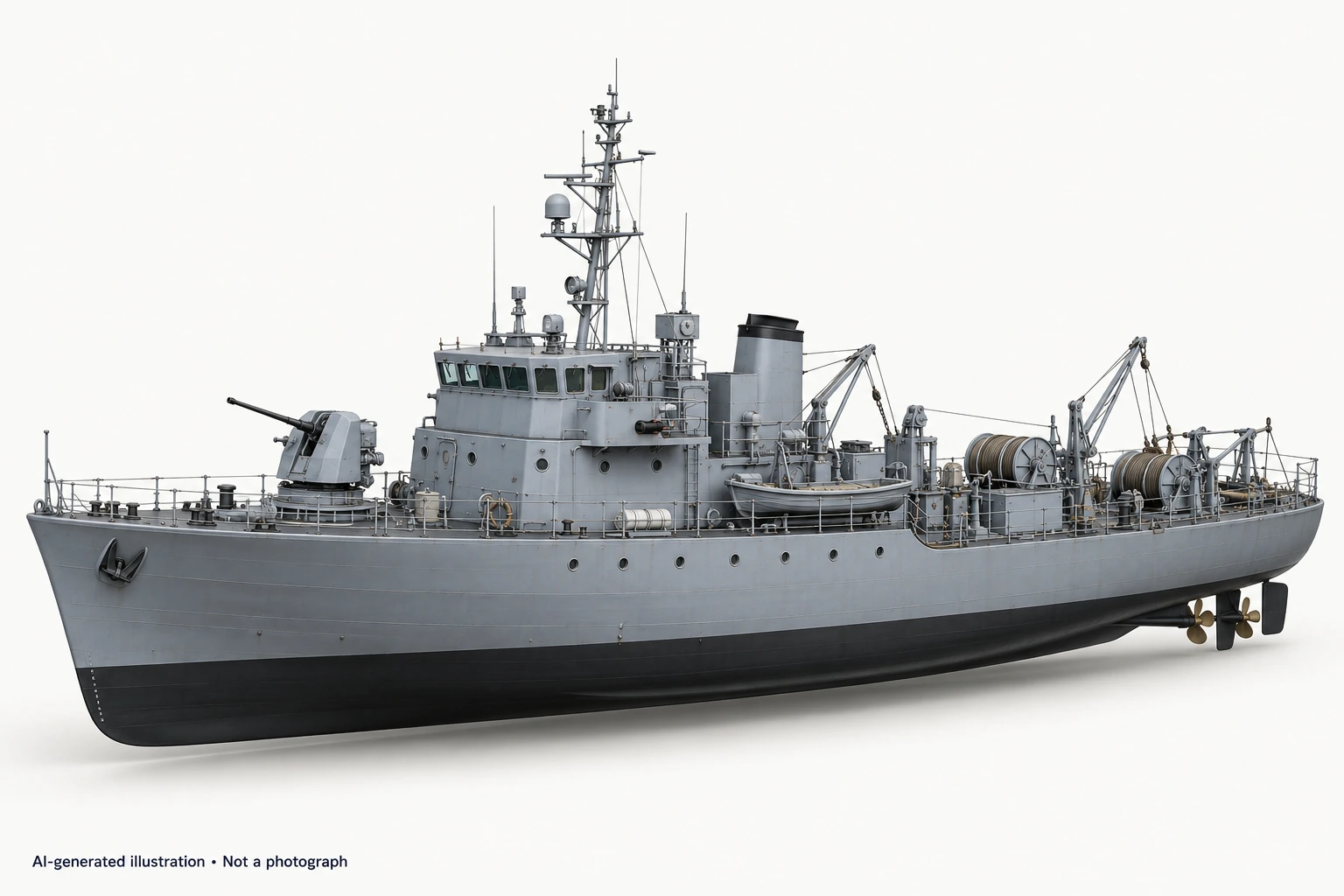 AI-generated illustration · Not a photograph — Representative exterior of Aratu-class minesweeper