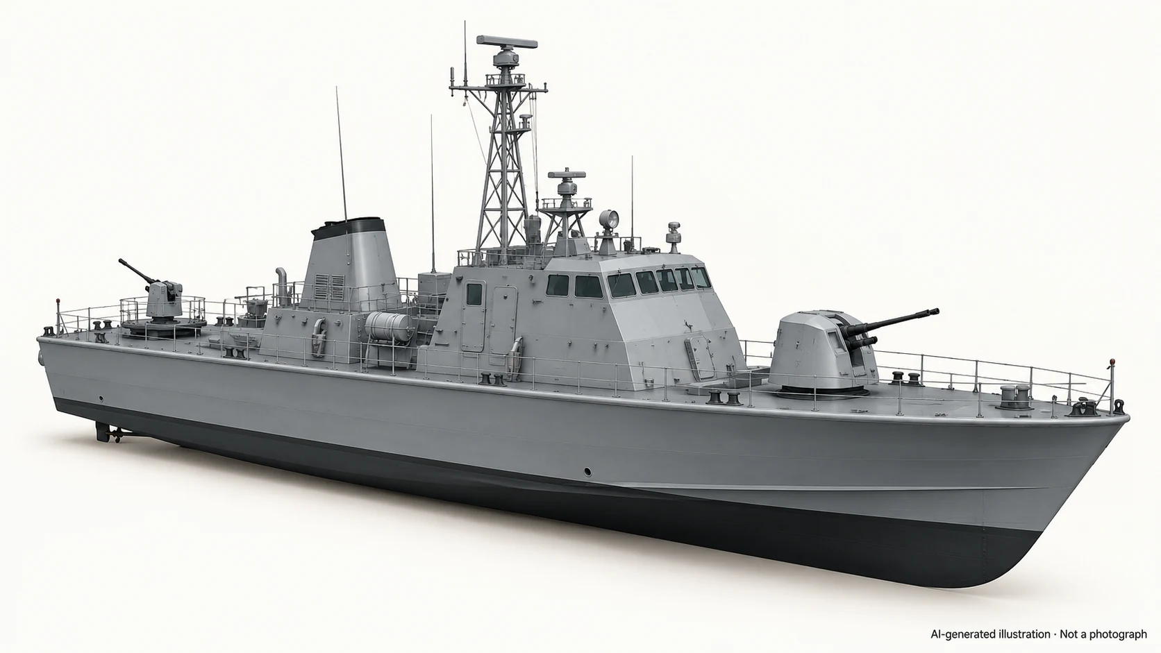 AI-generated illustration · Not a photograph — Representative exterior of Ardhana-class patrol craft