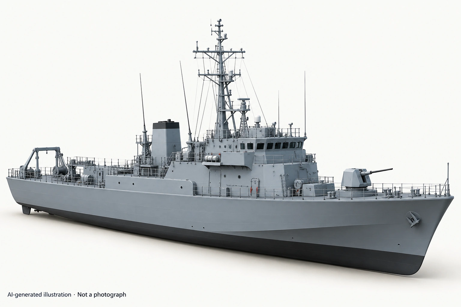 AI-generated illustration · Not a photograph — Representative exterior of Awaji-class minesweeper