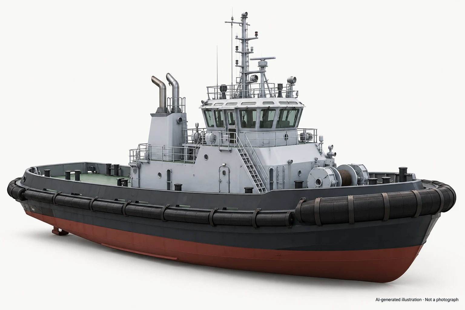 AI-generated illustration · Not a photograph — Representative exterior of B.C. Dutt-class tugboat