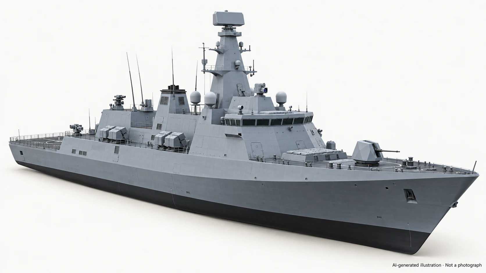 AI-generated illustration · Not a photograph — Representative exterior of Babur-class corvette