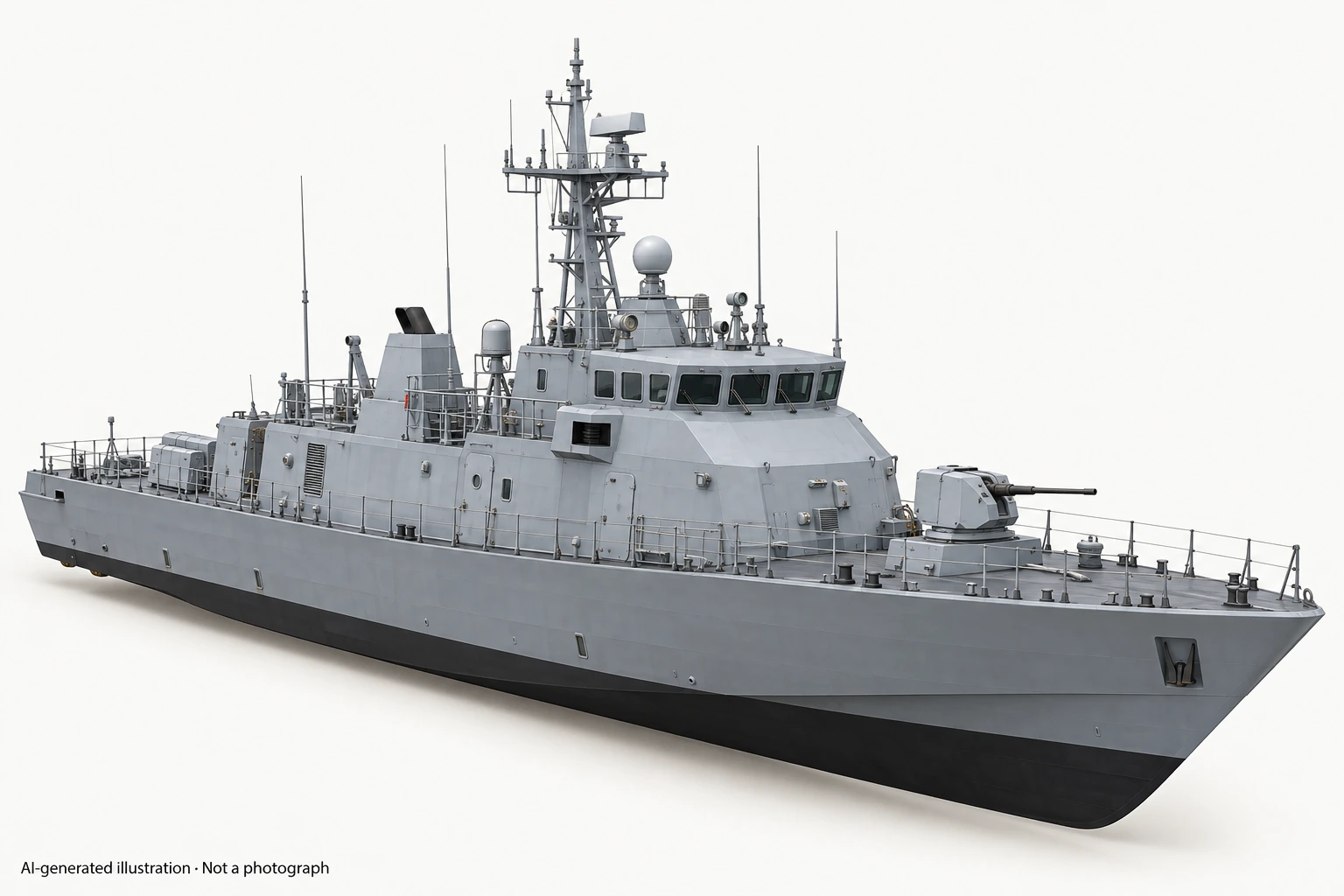 AI-generated illustration · Not a photograph — Representative exterior of Bangaram-class fast attack craft