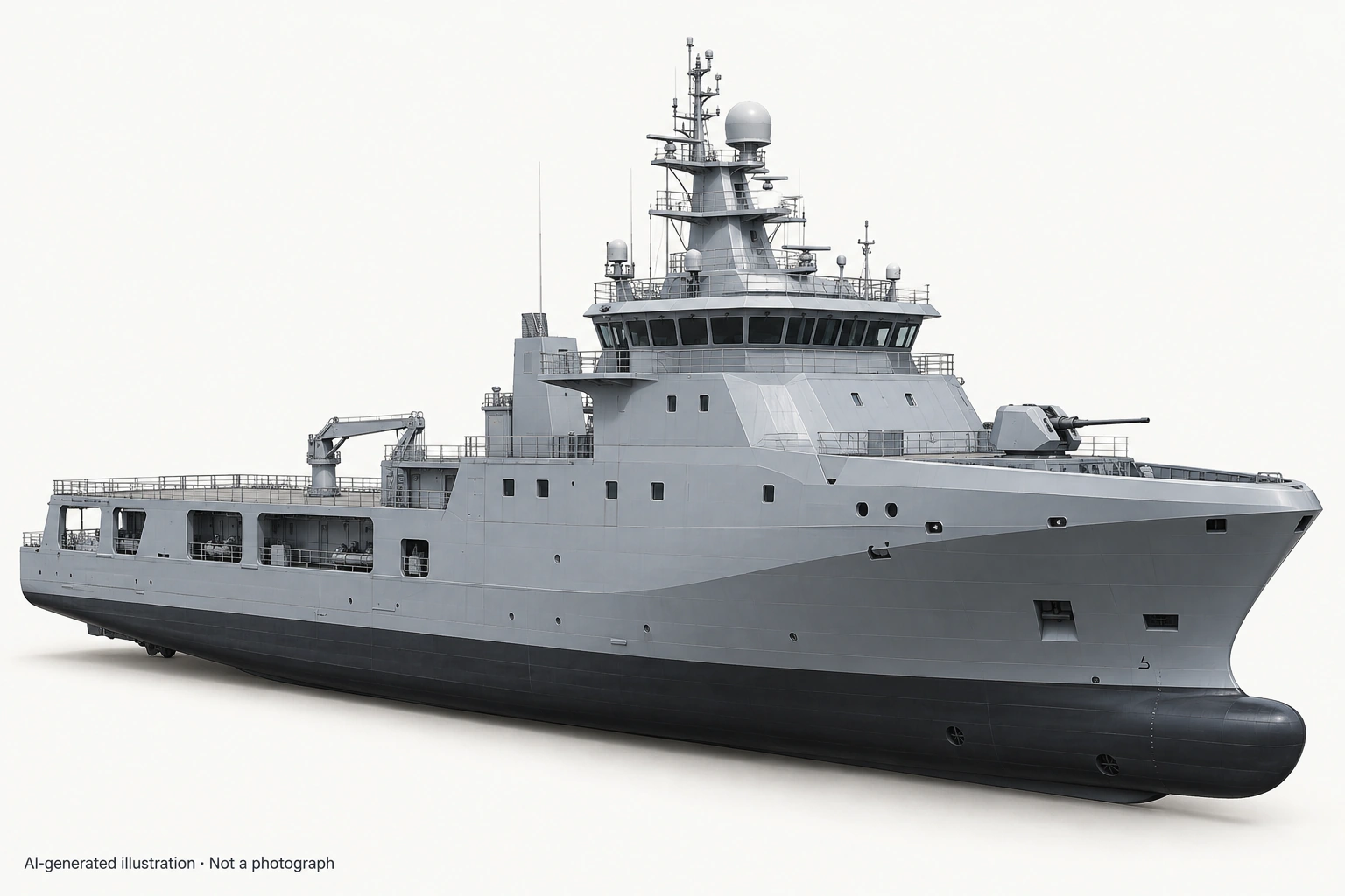 AI-generated illustration · Not a photograph — Representative exterior of Barentshav-class patrol vessel