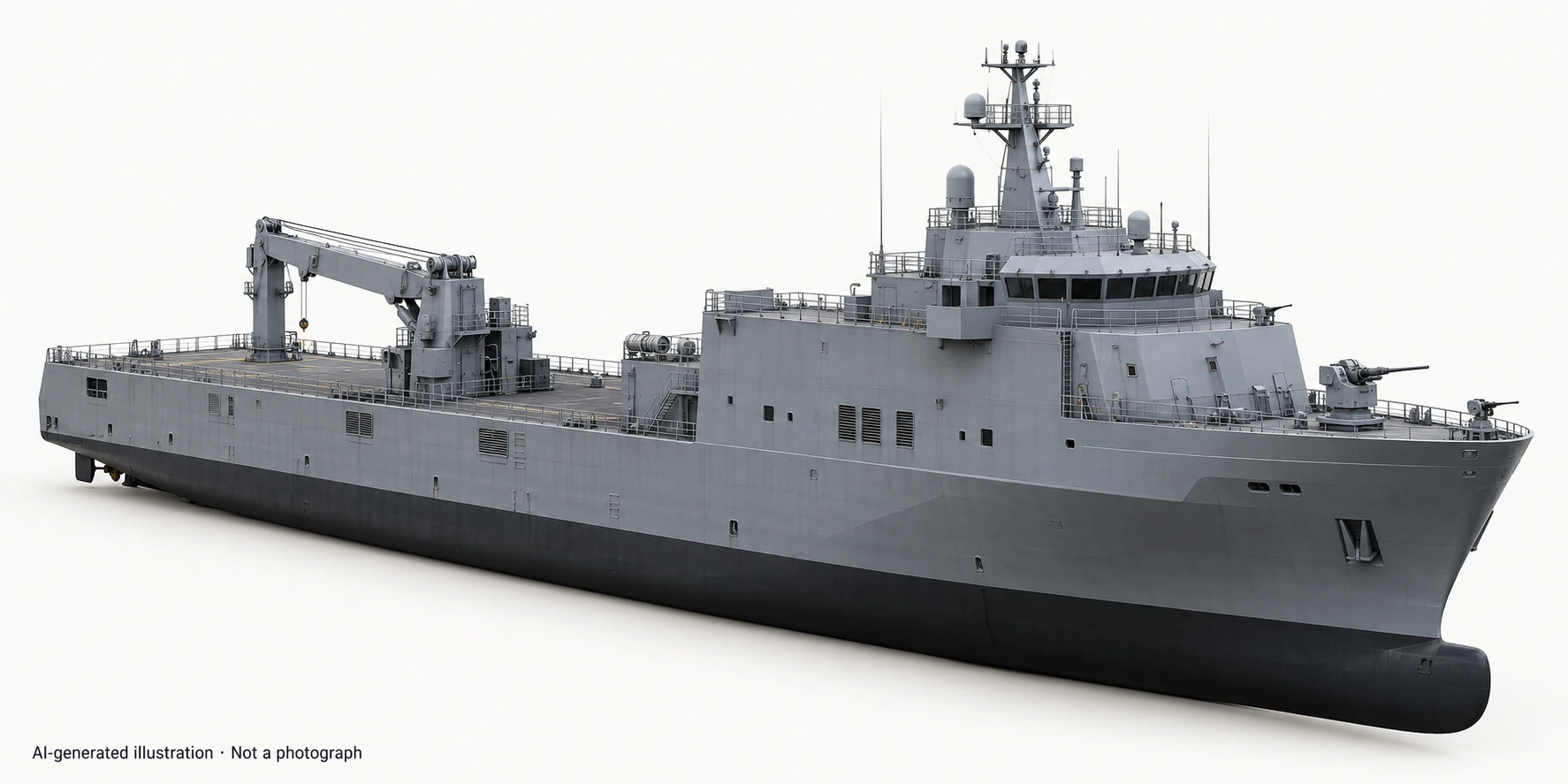 AI-generated illustration · Not a photograph — Representative exterior of Black Powder-class support vessel