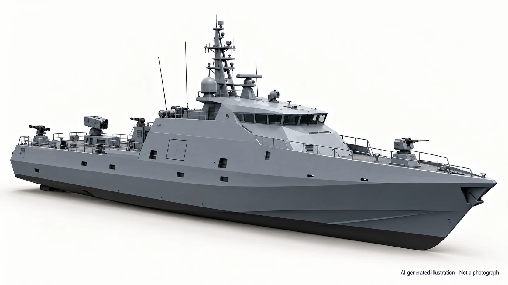 AI-generated illustration · Not a photograph — Representative exterior of Cabrini-class patrol boat