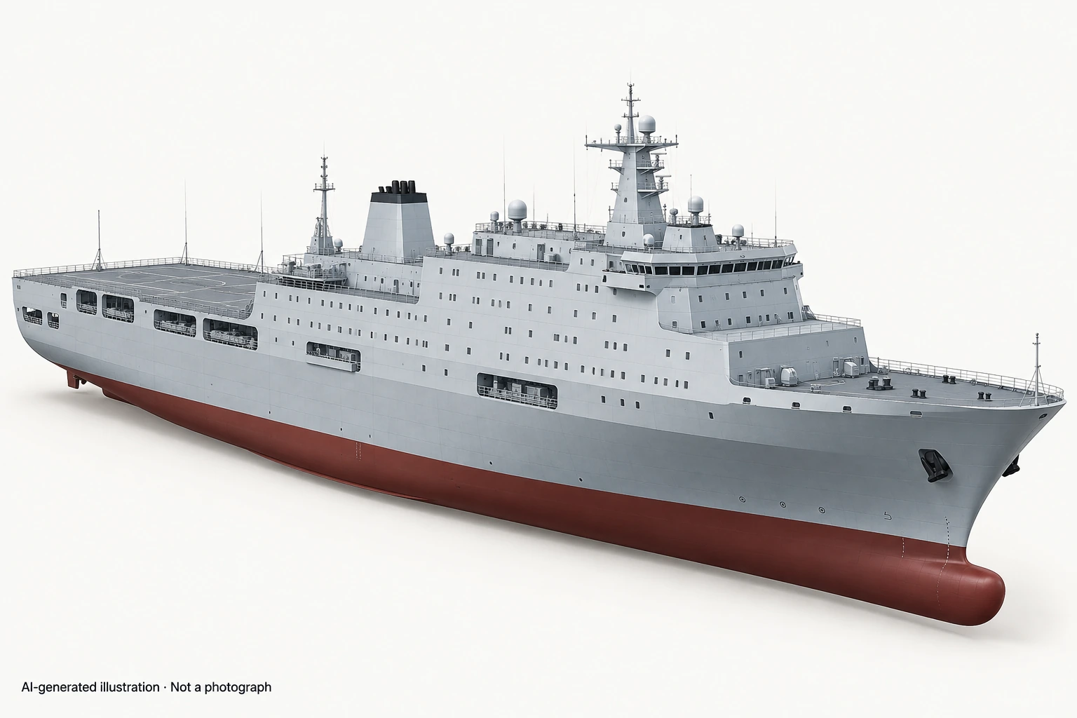 AI-generated illustration · Not a photograph — Representative exterior of Daguan-class troopship