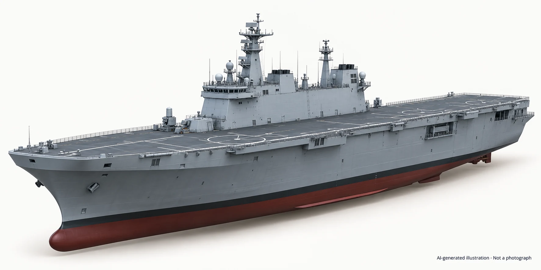 AI-generated illustration · Not a photograph — Representative exterior of Dokdo-class amphibious assault ship
