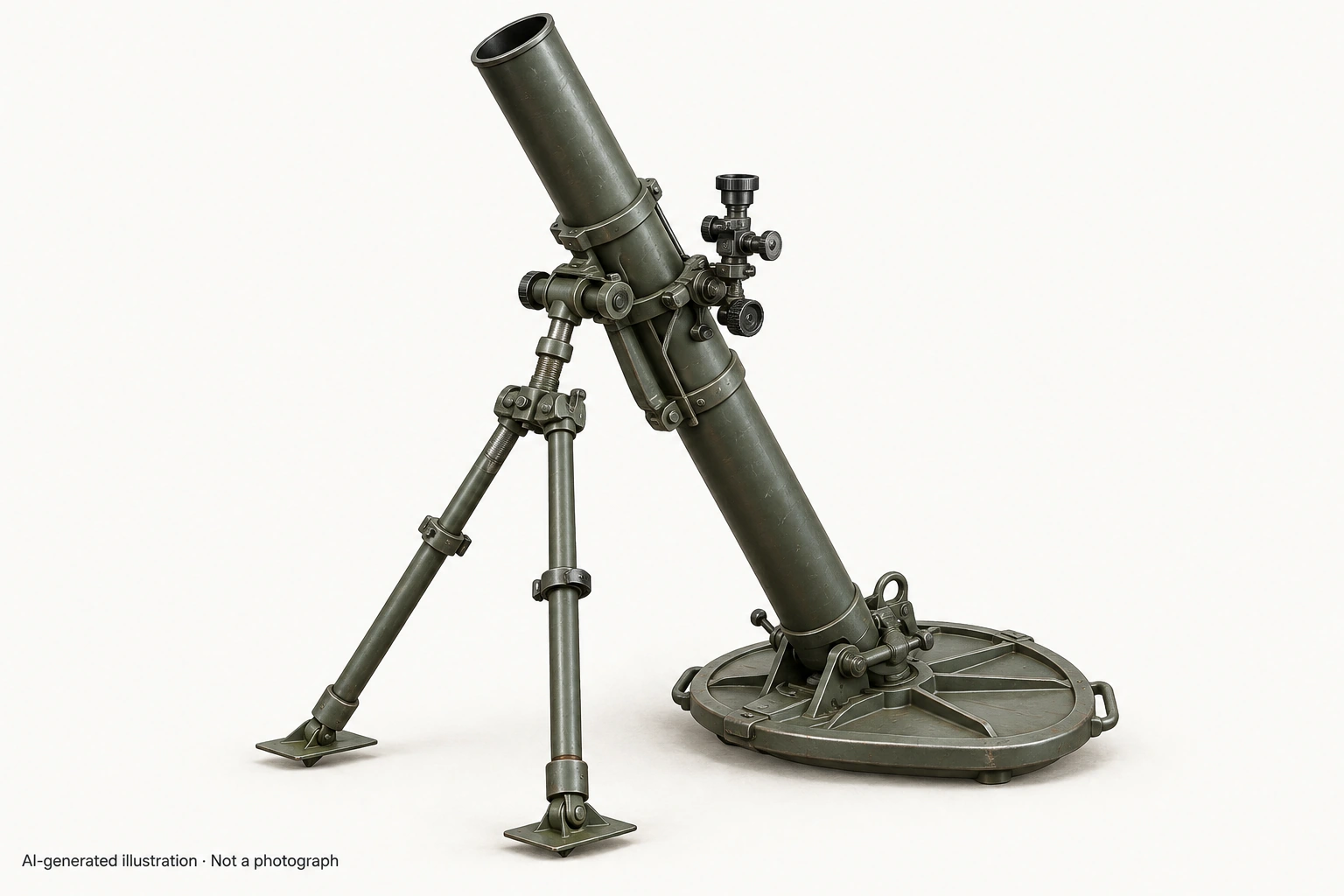 AI-generated illustration · Not a photograph — Representative exterior of E56 120 mm Mortar