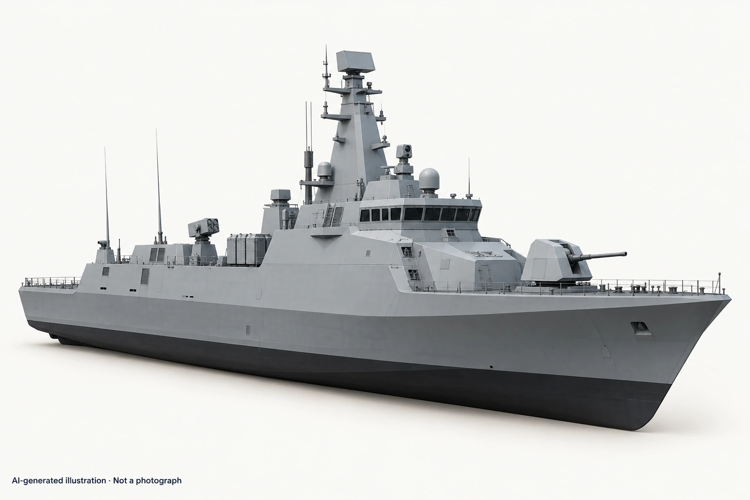 AI-generated illustration · Not a photograph — Representative exterior of Falaj 3-class patrol boat