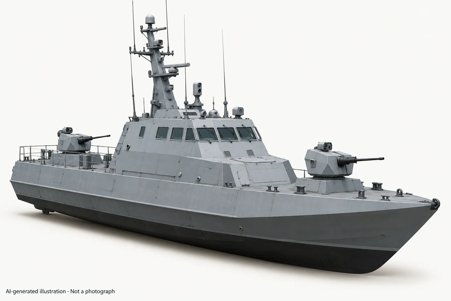 AI-generated illustration · Not a photograph — Representative exterior of Gyurza-M-class gunboat
