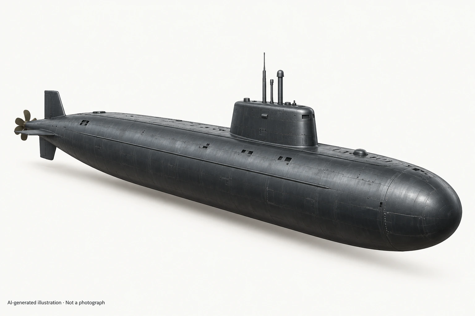 AI-generated illustration · Not a photograph — Representative exterior of Kashalot-class submarine