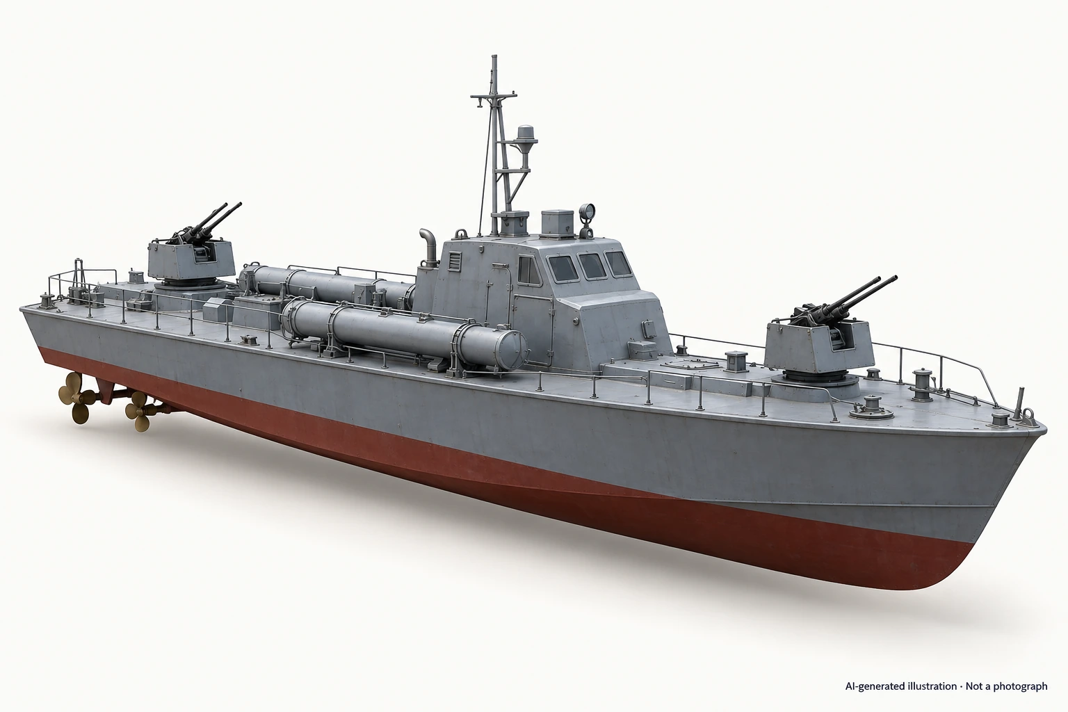 AI-generated illustration · Not a photograph — Representative exterior of Kusong class torpedo boat
