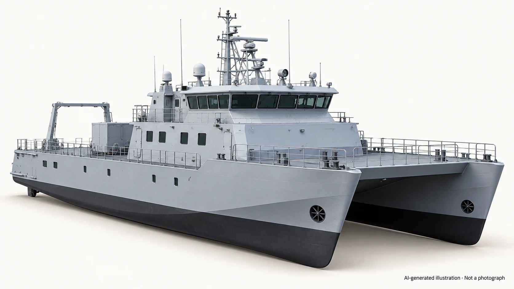 AI-generated illustration · Not a photograph — Representative exterior of Makar-class catamaran