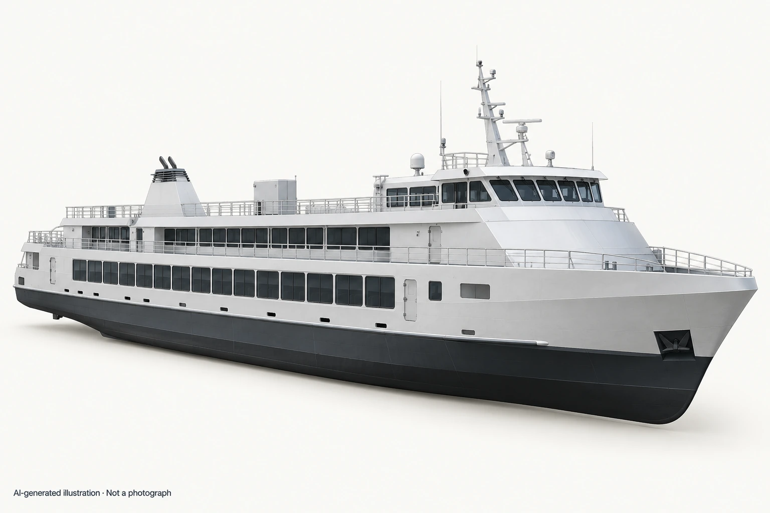 AI-generated illustration · Not a photograph — Representative exterior of Manoram-class ferry
