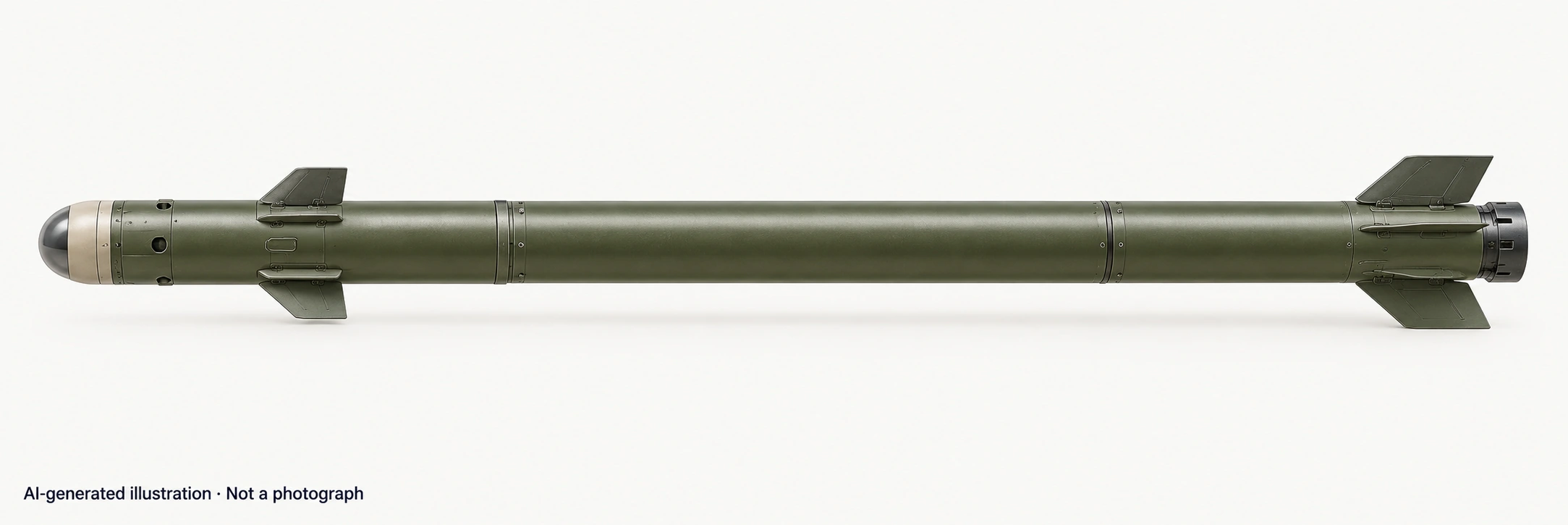 AI-generated illustration · Not a photograph — Representative exterior of QW missile