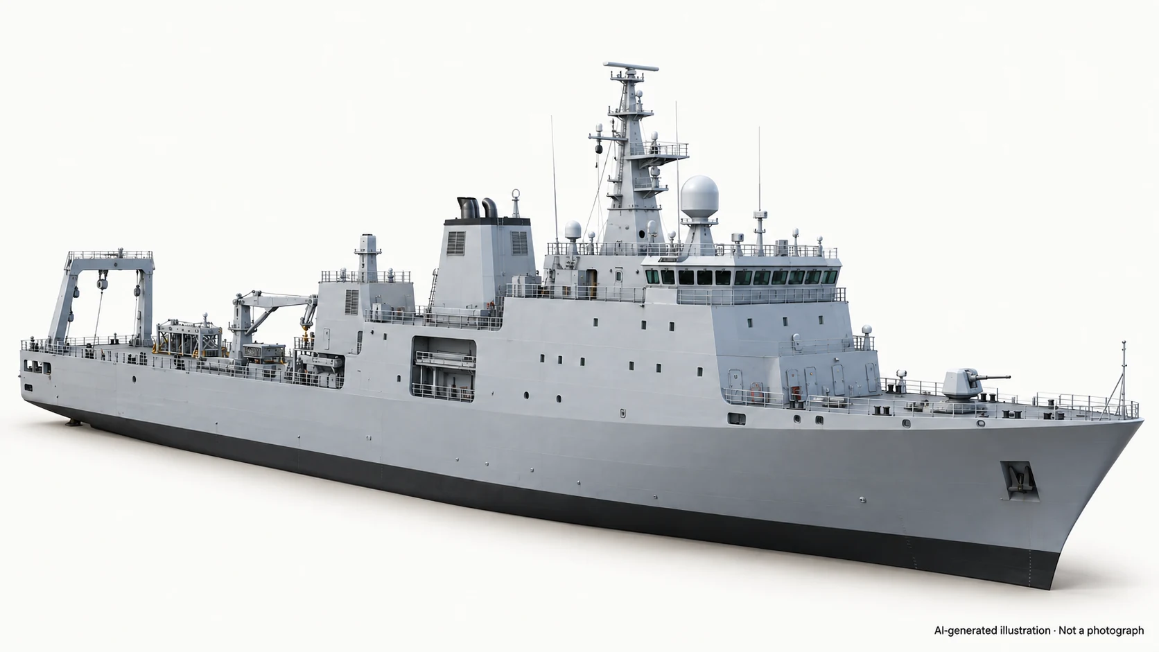 AI-generated illustration · Not a photograph — Representative exterior of Sandhayak-class survey vessel (2023)