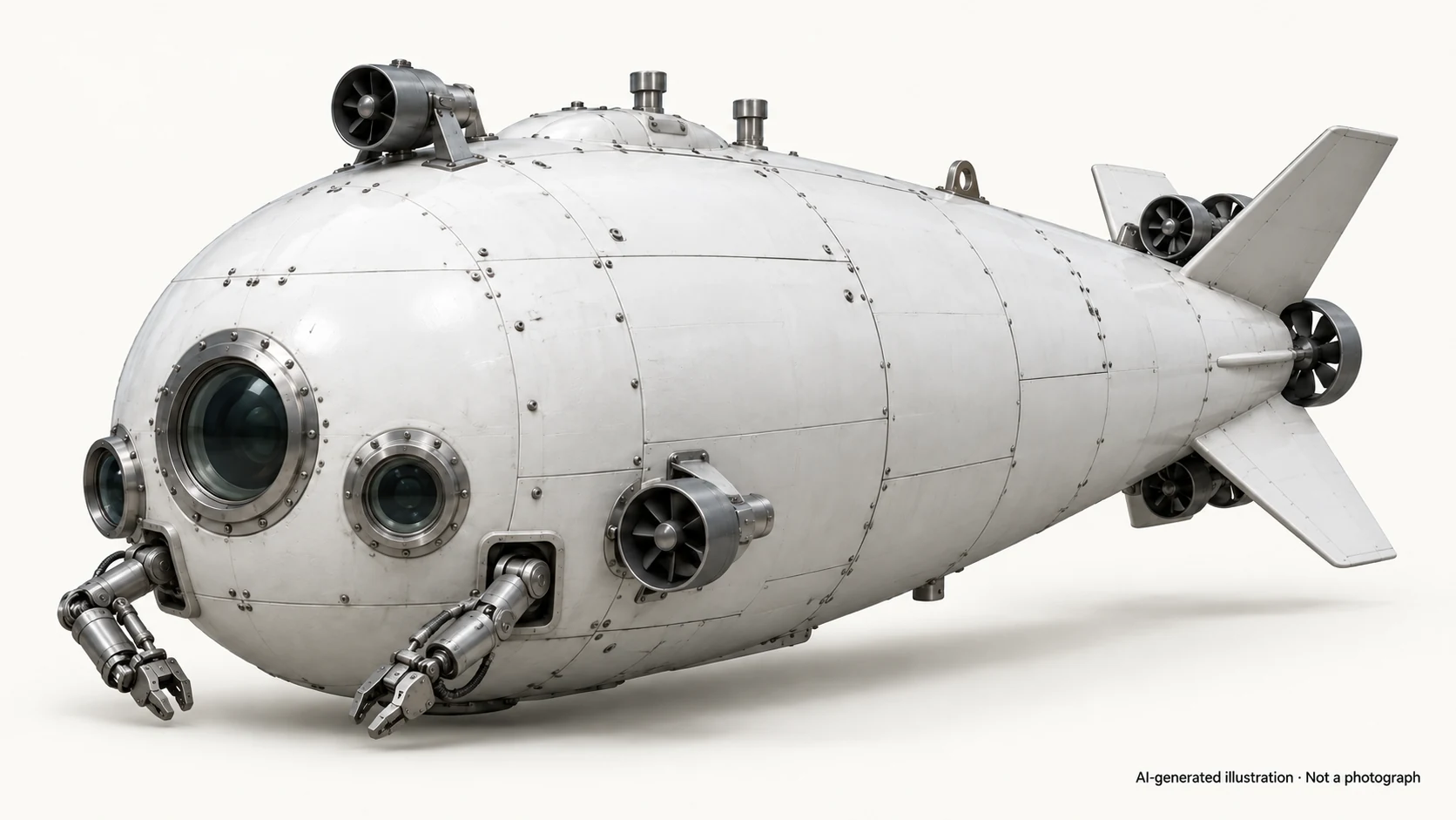 AI-generated illustration · Not a photograph — Representative exterior of Sea Pole-class bathyscaphe