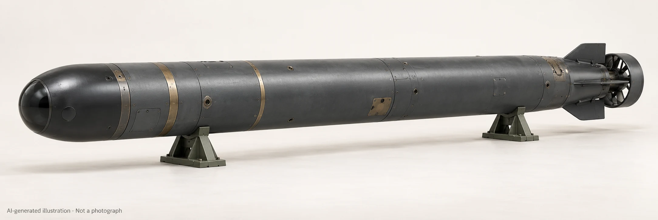 AI-generated illustration · Not a photograph — Representative exterior of Spearfish torpedo