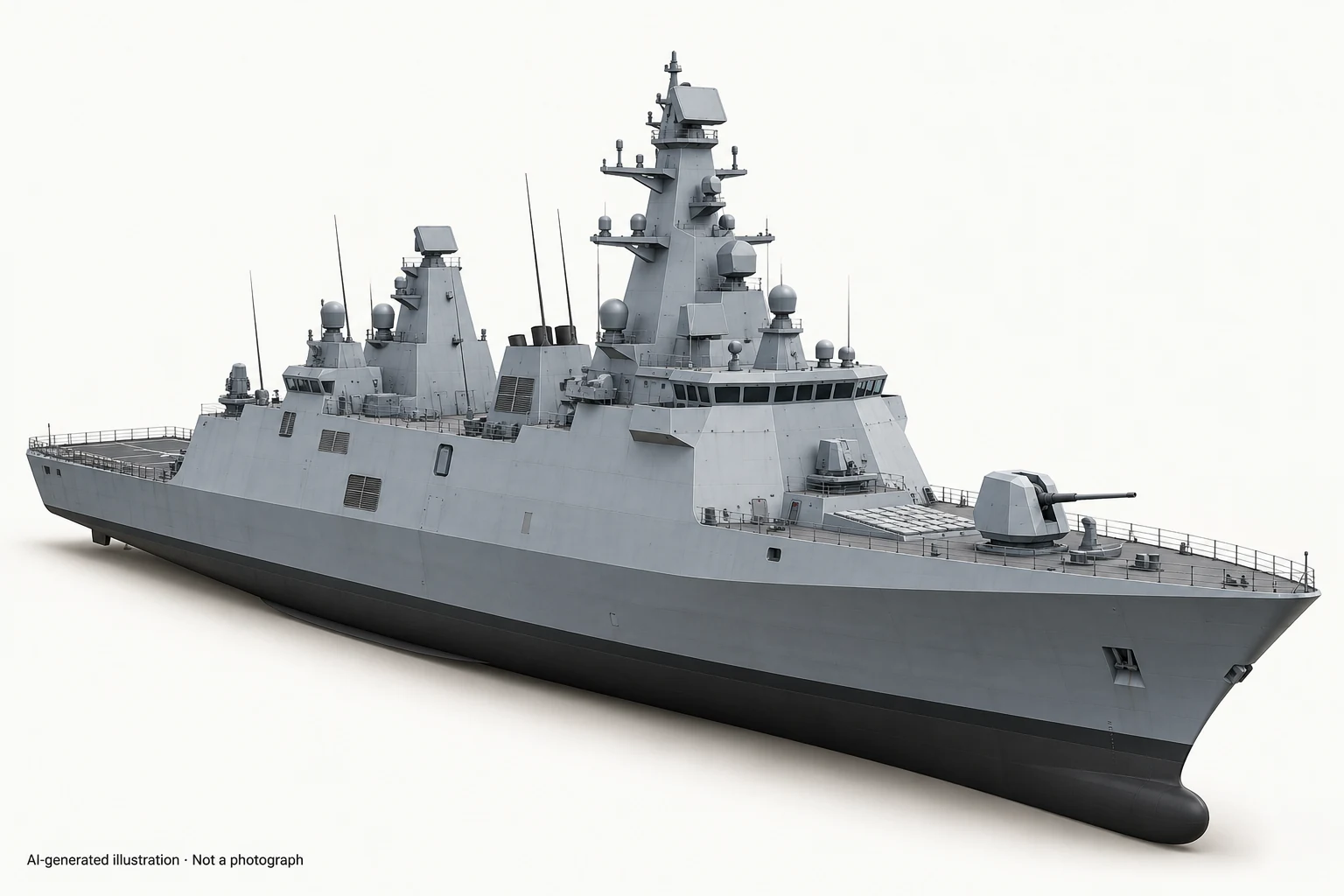 AI-generated illustration · Not a photograph — Representative exterior of Tepe-class destroyer