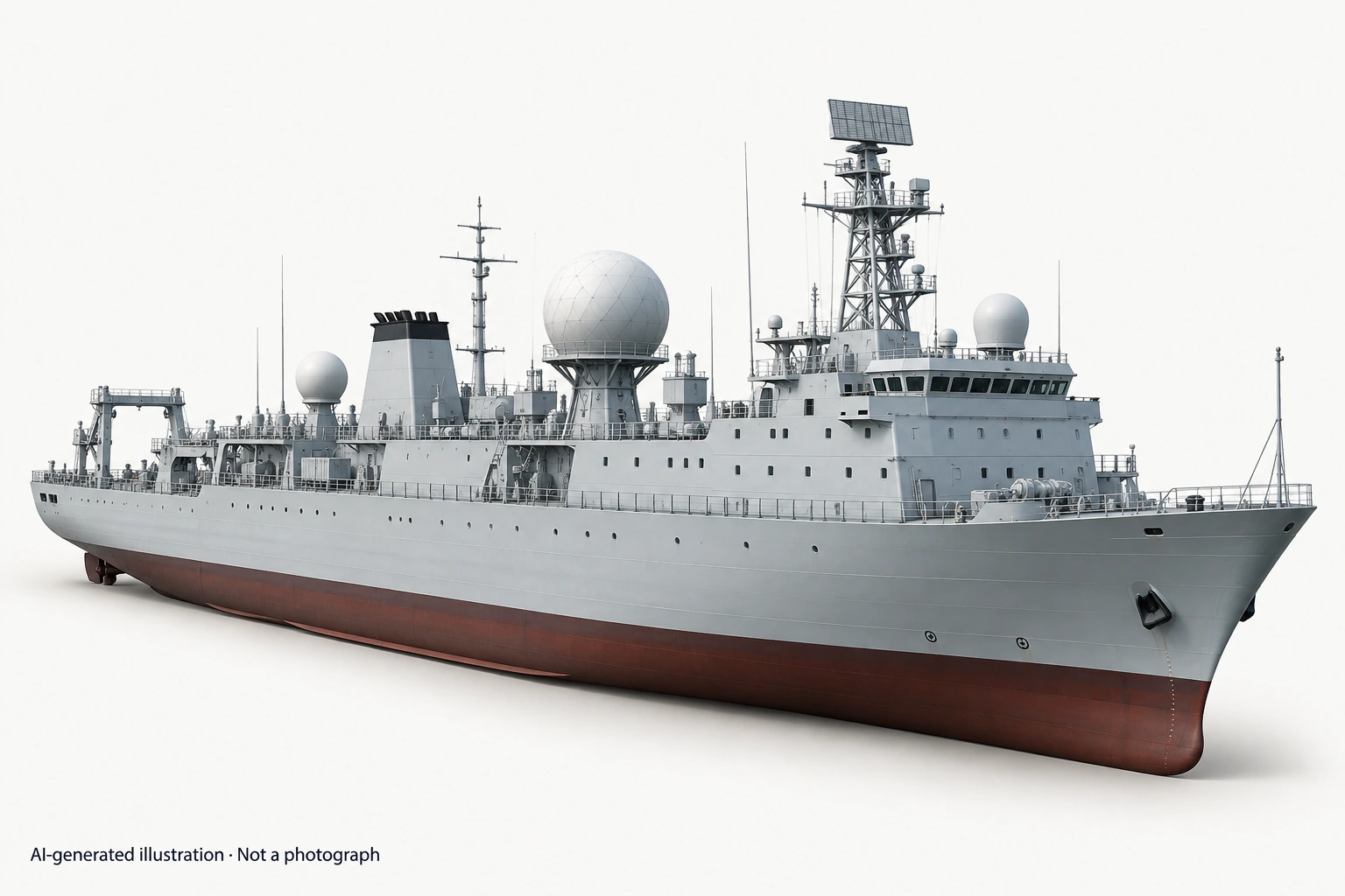 AI-generated illustration · Not a photograph — Representative exterior of Type 909 weapon trials ship