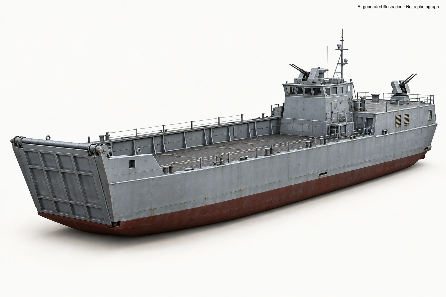 AI-generated illustration · Not a photograph — Representative exterior of Yuch'in-class landing craft