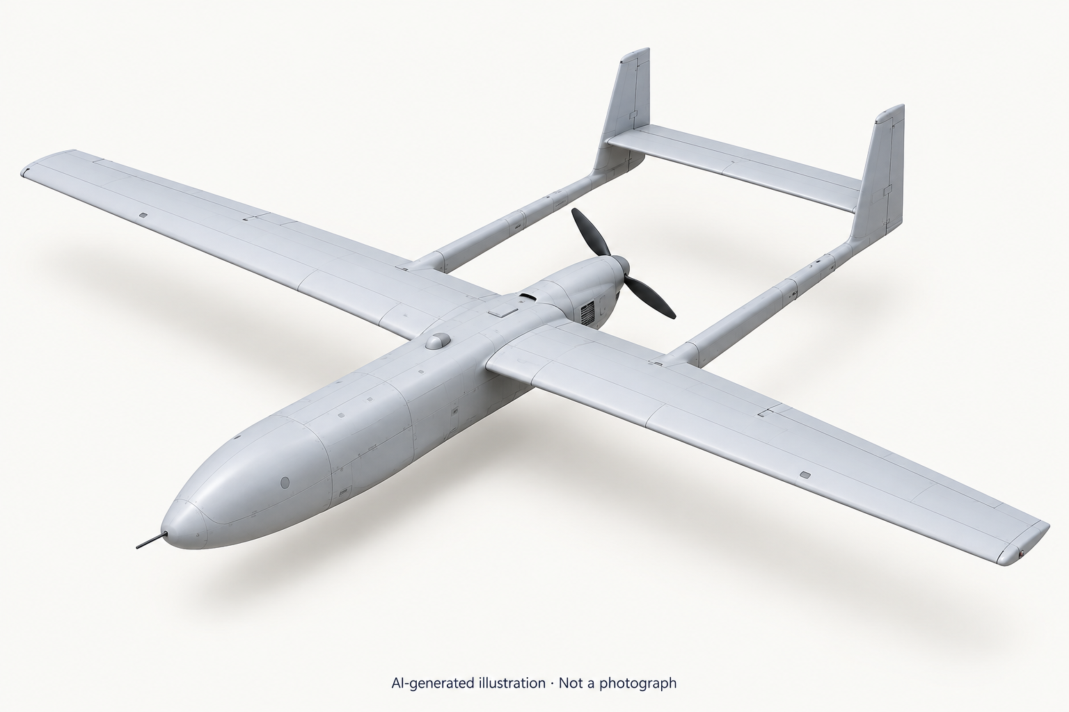 AI-generated illustration · Not a photograph: Aisheng ASN-209 representative twin-boom UAV illustration